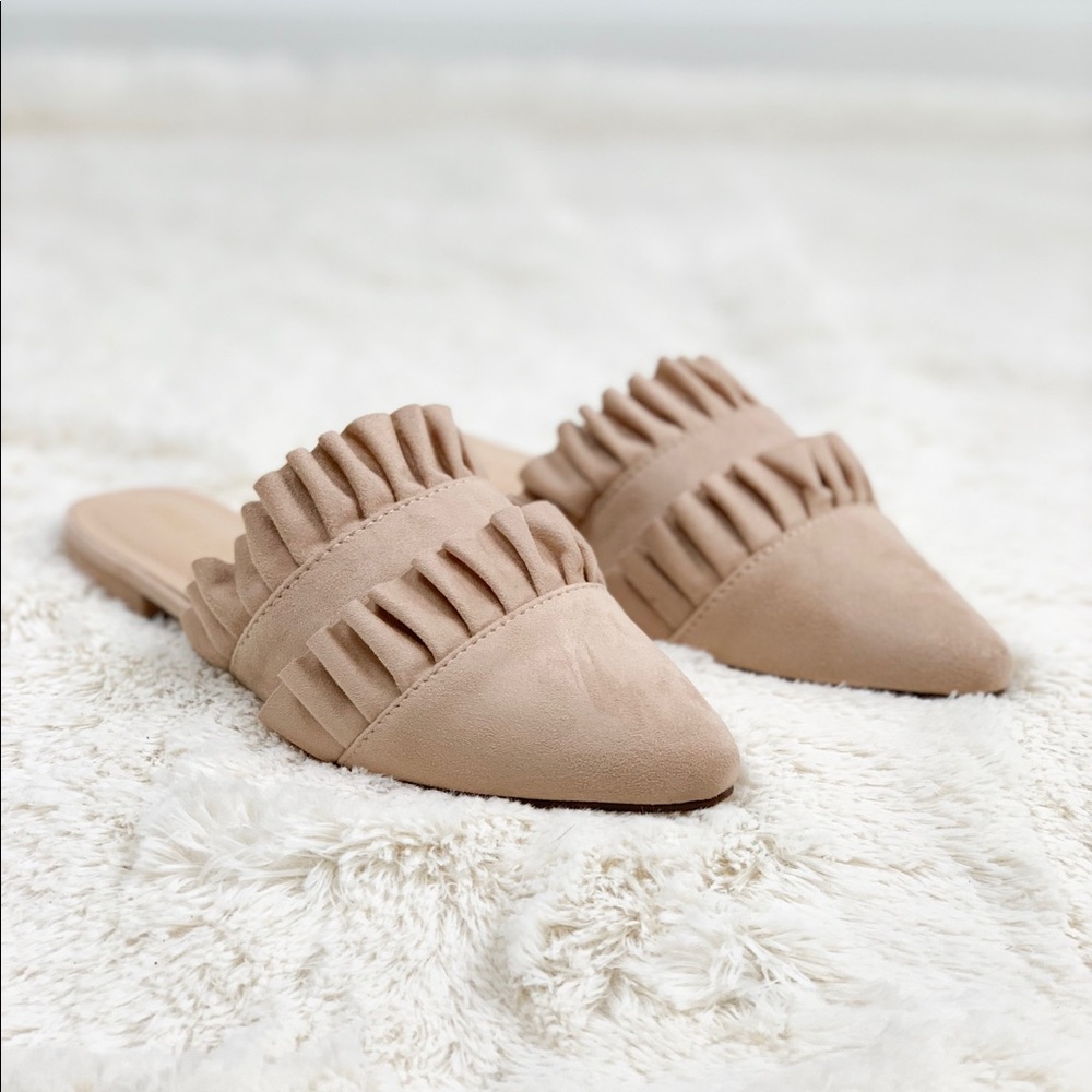 Suede Tiered Ruffle Trim Nude Flat Mules - Picture 3 of 4